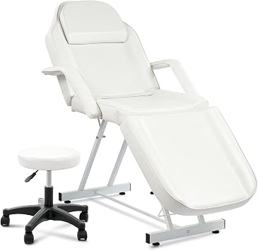 VONLUCE Beauty Bed, Adjustable Multiple Level Steel Frame 3 Section Leather Massage Bed 150kgs/330lbs Max Weight Capacity, Detachable Armrest & Headrest Massage Table Beauty Table, White