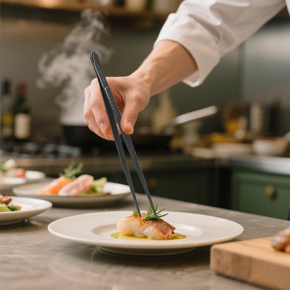 Cooking Tweezers, 5 Piece Chef's Tweezers Tongs, Chef's Plating Tool, 10 inch and 6.5 inch Food tweezers, Universal for all kinds of cooking, steak, plating, pasta and many other scenarios (5pc Set)