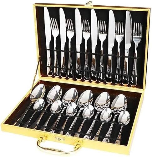 UNeeDM - Juego de 24 piezas de vajilla de cubiertos plateados de acero inoxidable tenedor cuchara cubiertos con caja de regalo