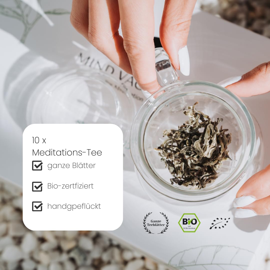 TEA MEDITATION BOX | Geschenk-Set | Entspannung für Körper & Geist | Inhalt: 10 x geführte Teemeditation, 10x Bio-Tee, 1x Meditationsglas