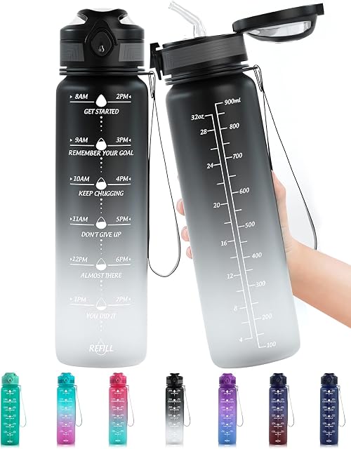 Lunidry 1 litre Water Bottle with Straw, 32oz Motivational Sports Water Bottle with Time markings, BPA Free Tritan Leakproof Reusable Drink Bottles for Running, Cycling, Gym, Outdoor Sport