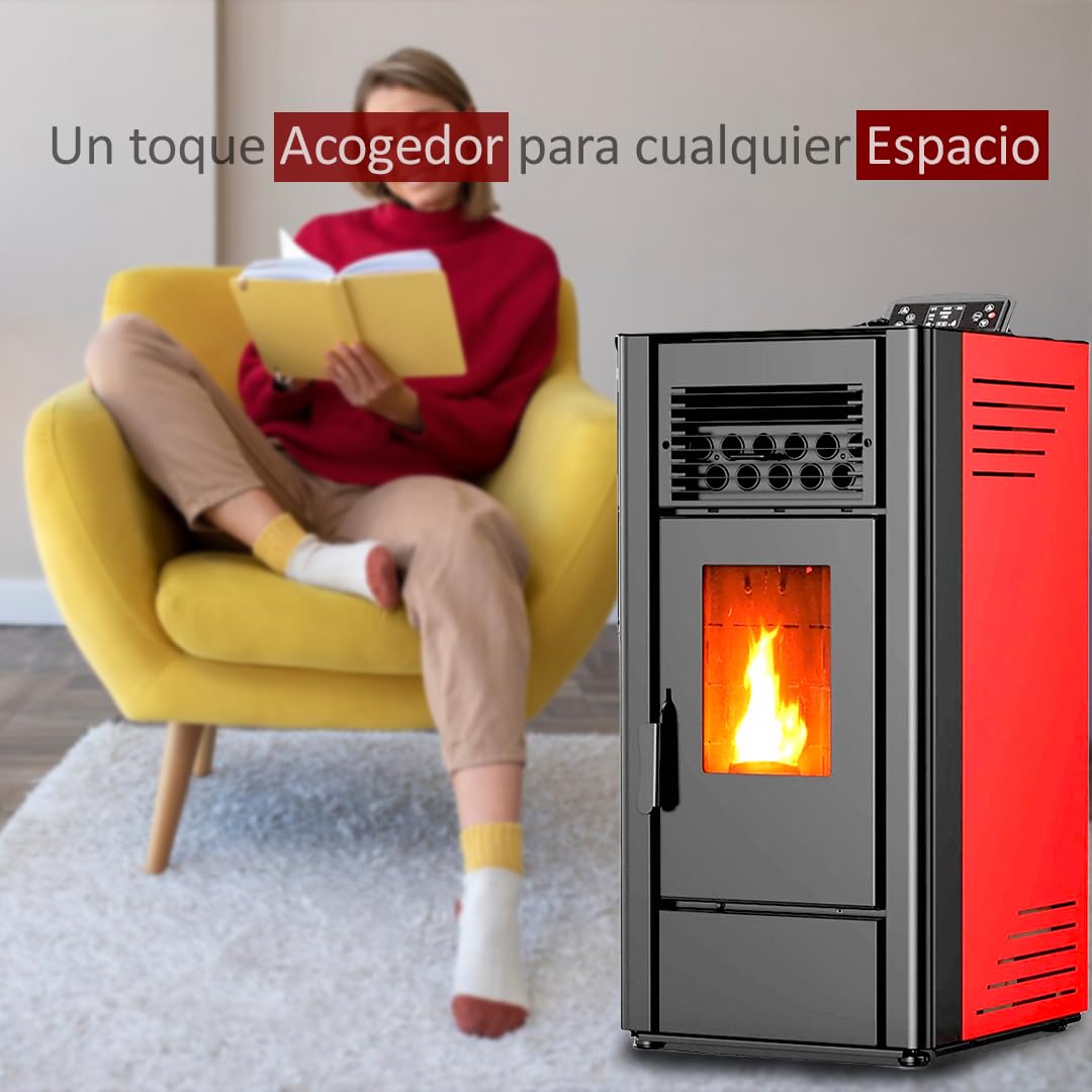 Estufa De Pellets 12Kw | Con Doble Motor Para Hueso De Aceituna Y Biomasa, Tolva de 18Kg | Calefacción en Área de120 m² | Estufa Eléctrica de Pellet, Para Interior, Eficiente Y Silenciosa (Burdeos)
