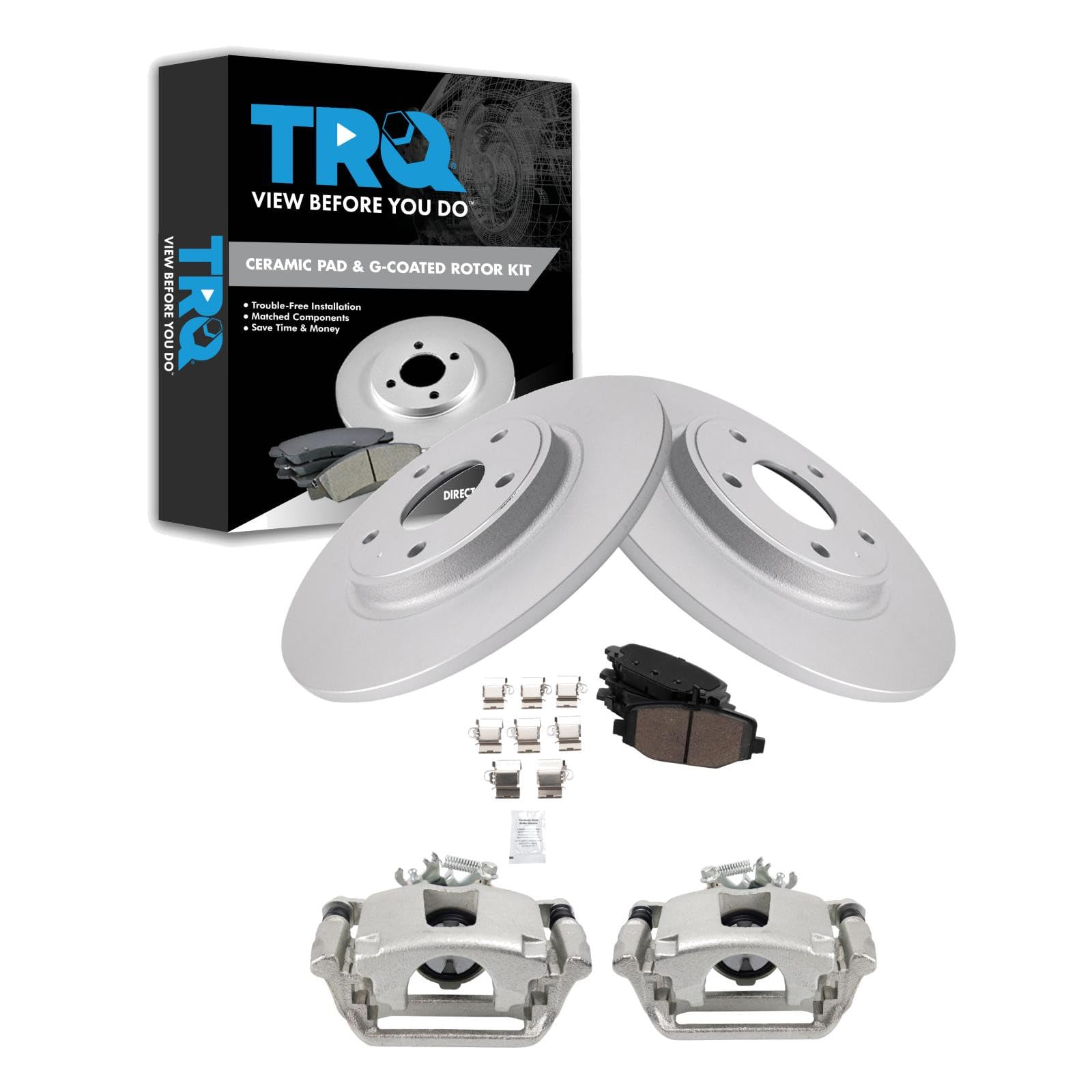 TRQ Rear Brake Pad and Rotor Set Ceramic G Coated Rotors Calipers