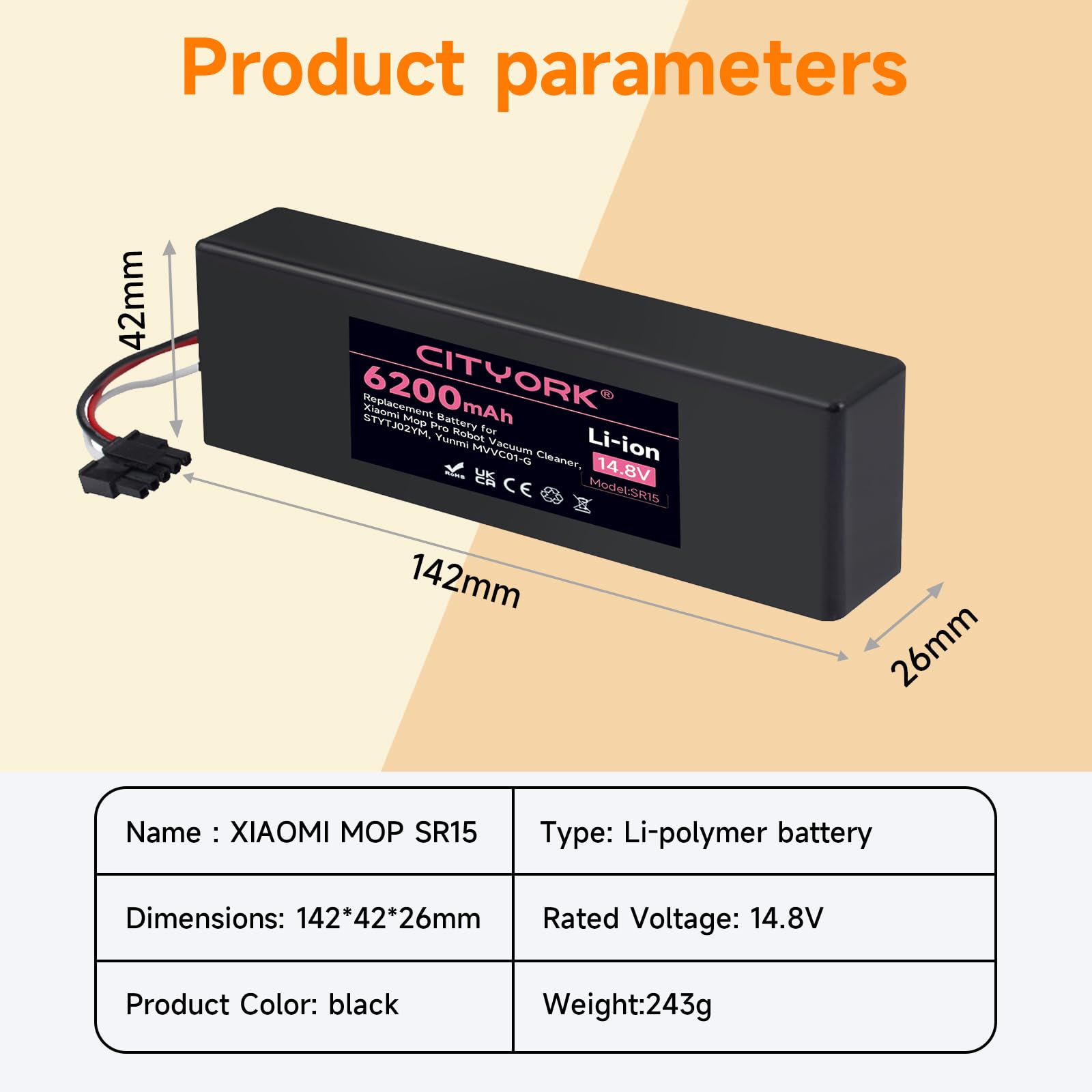 CITYORK 6200mAh 14,4V Batería de Repuesto para Xiaomi Mop 2S / Mop P/Mop Pro, Batería Compatible con Xiaomi Mijia STYTJ02YM / XMSTJQR2S Aspiradora Robot Batería