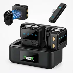 Microfone de Lapela Sem Fio Tipo C Kit Duplo com Case Recarregável | Compatível com iPhone 15/16, Android USB-C e Notebook | IA Antirruído | Ideal para TikTok, Podcast, Gravações, Lives e Vídeo Aulas