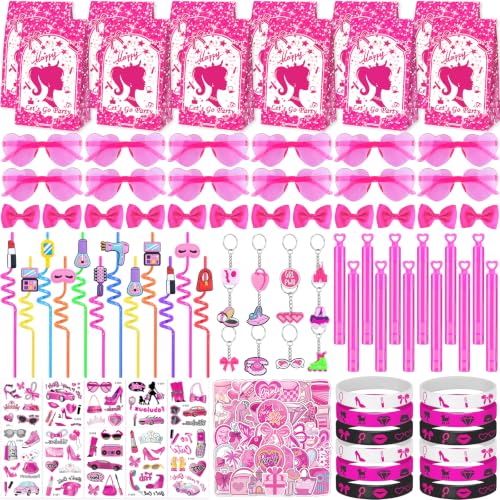 196Pcs Pink Princess Party Favors for Girls 4-8 Goodie Bag Fillers with Heart Glasses Hair Clip Straws Bubble Wands Tattoo Sticker Bracelet Keychain for Birthday Party Return Gifts Pinata Stuffers