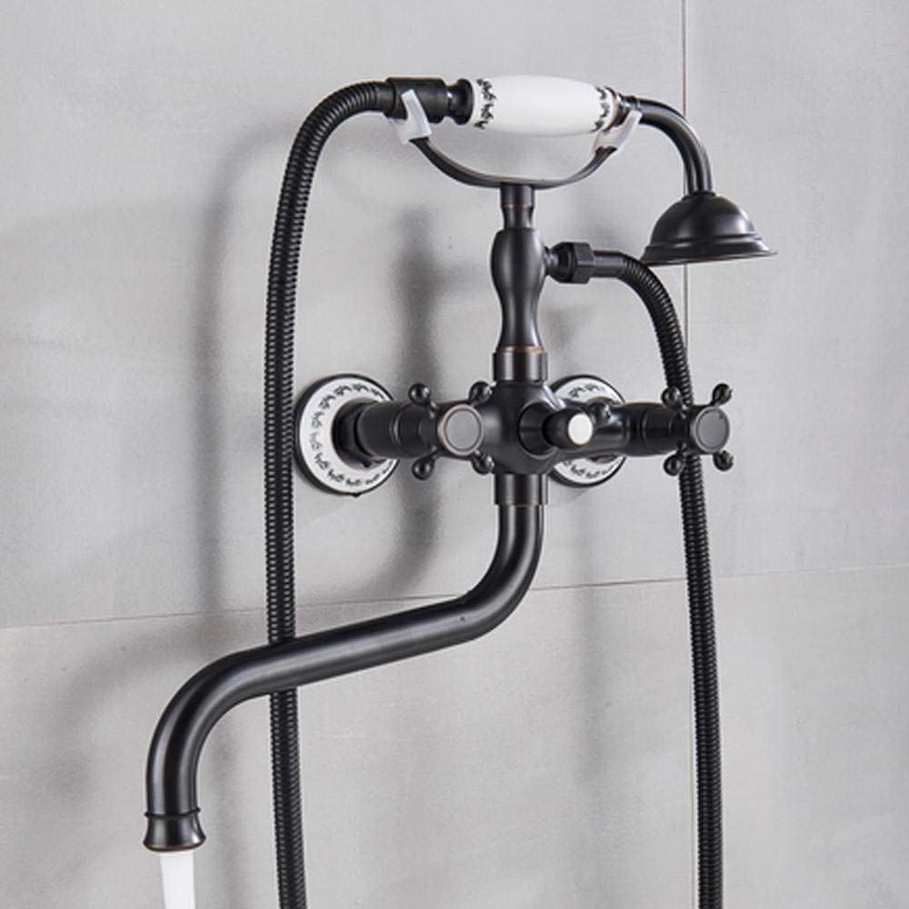 WXPGFEQ Brass Antique Tub Faucet in Wall 30cm Long Spout Bathtub Mixer Tap Brass Rotate Bath Shower Set Ceramic Handshower,Black Bronze B (Black Bronze B)