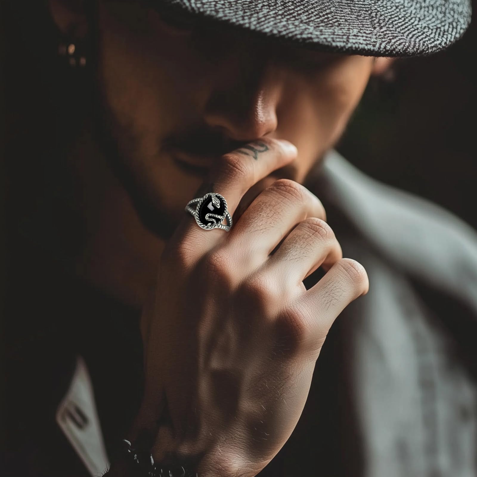 AEONSLOVE Anillo Dragón/Calavera Gótica Ajustable Plata de Ley 925 para Hombre Mujer, Anillos Runas Vikingas con Vegvisir Abiertos, Anillo Serpiente Obsidiana/Tetragramaton Pentagrama Vintage