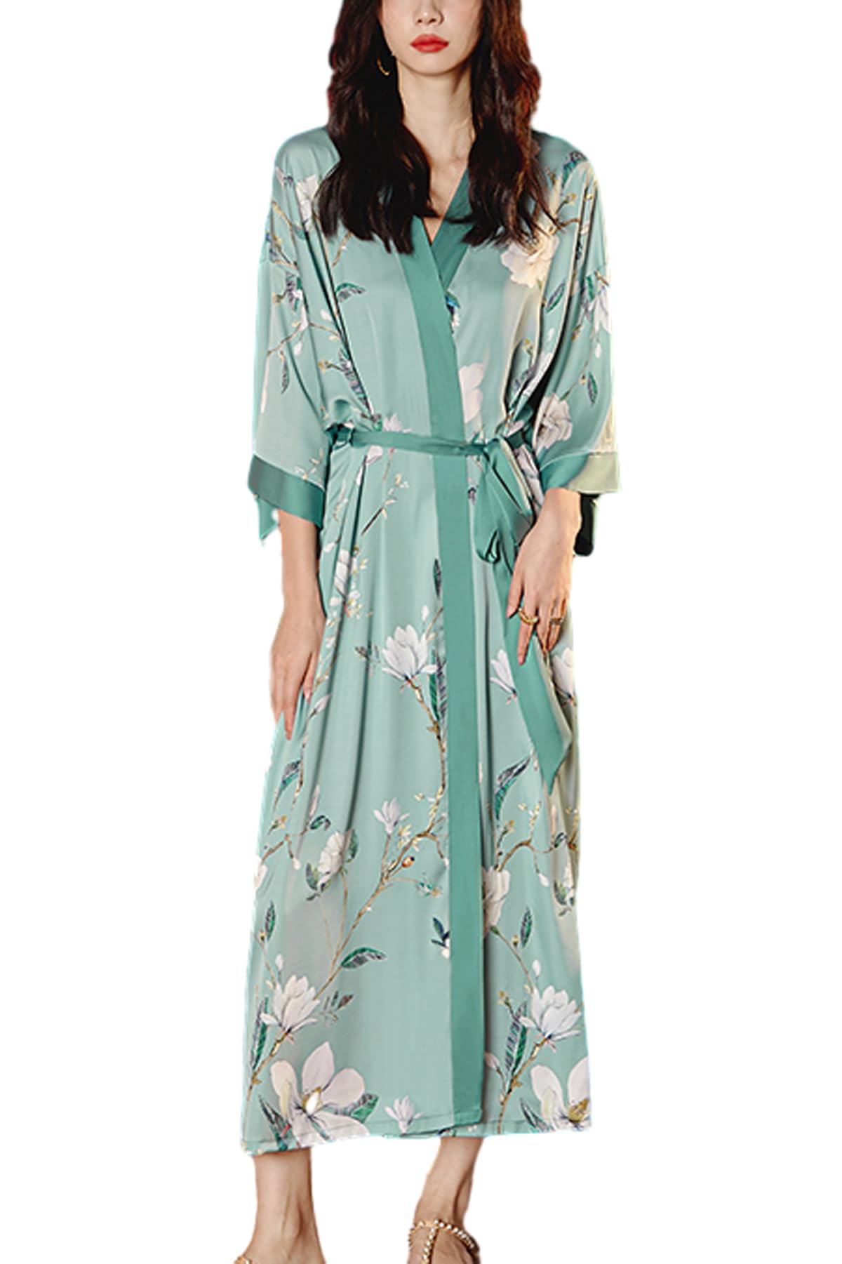 Daiwor Kout Silk Satin Robe for Women Long Japanese Kimono Robe Lightweight Soft Bathrobe Floral Luxury Dressing Gown