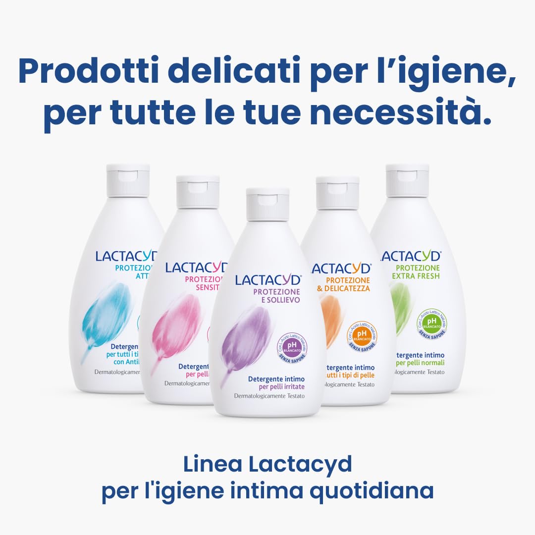 Lactacyd Protezione & Sollievo, gel Detergente Intimo per Pelli Irritate, Allevia Bruciore e Prurito, Senza Sapone, con Arnica e Proteine del Riso, 6 Flaconi da 300 Ml