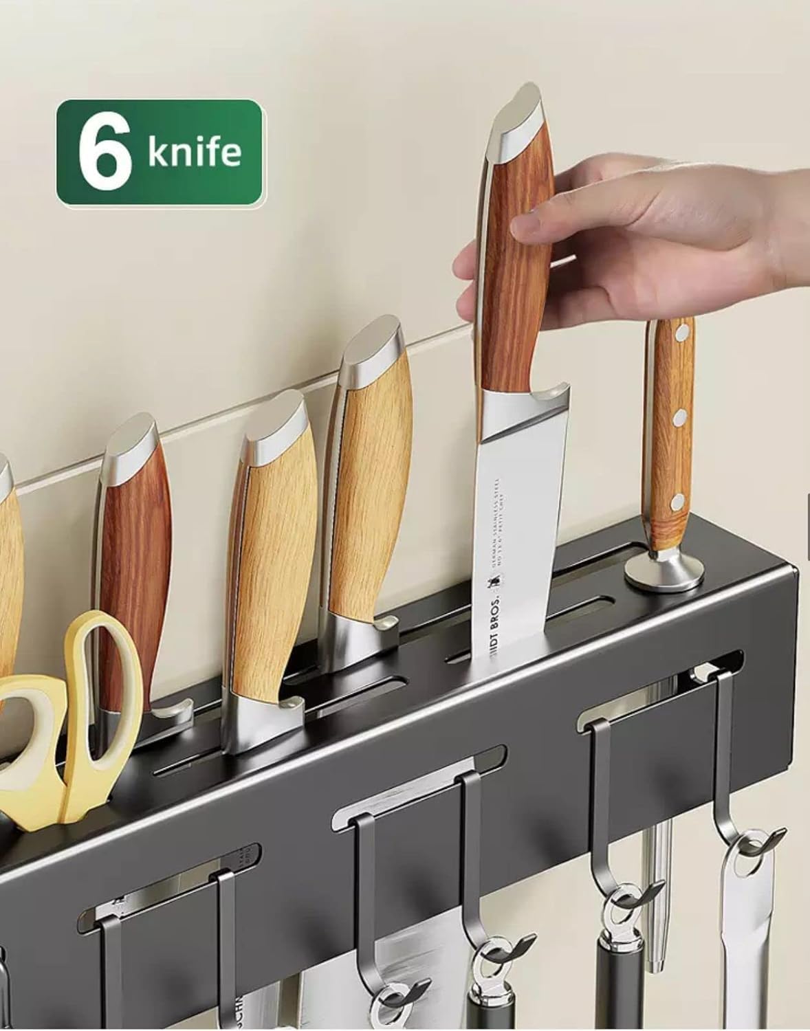 ZINLEY Wall Mounted Kitchen Organizer Rack with Knife Holder, Utensil Hooks & Towel Bar β Multifunction Stainless Steel Storage Rack for Kitchen Tools (Black) 3