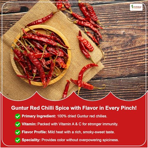 Image of Avlokan Guntur Red Chilli Whole with Stem - 100% Natural, Hot & Spicy Dried Red Chilli | Guntur Sabut Lal Mirch Guntur Withstem Red Chilli, 250 grams