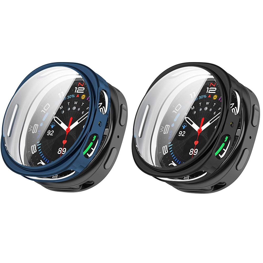 2 Pack Cases Compatible with Samsung Galaxy Watch 8 40mm with Screen Protector, Flexible TPU Shockproof Scratch Proof Cover Case (Black/Blue)