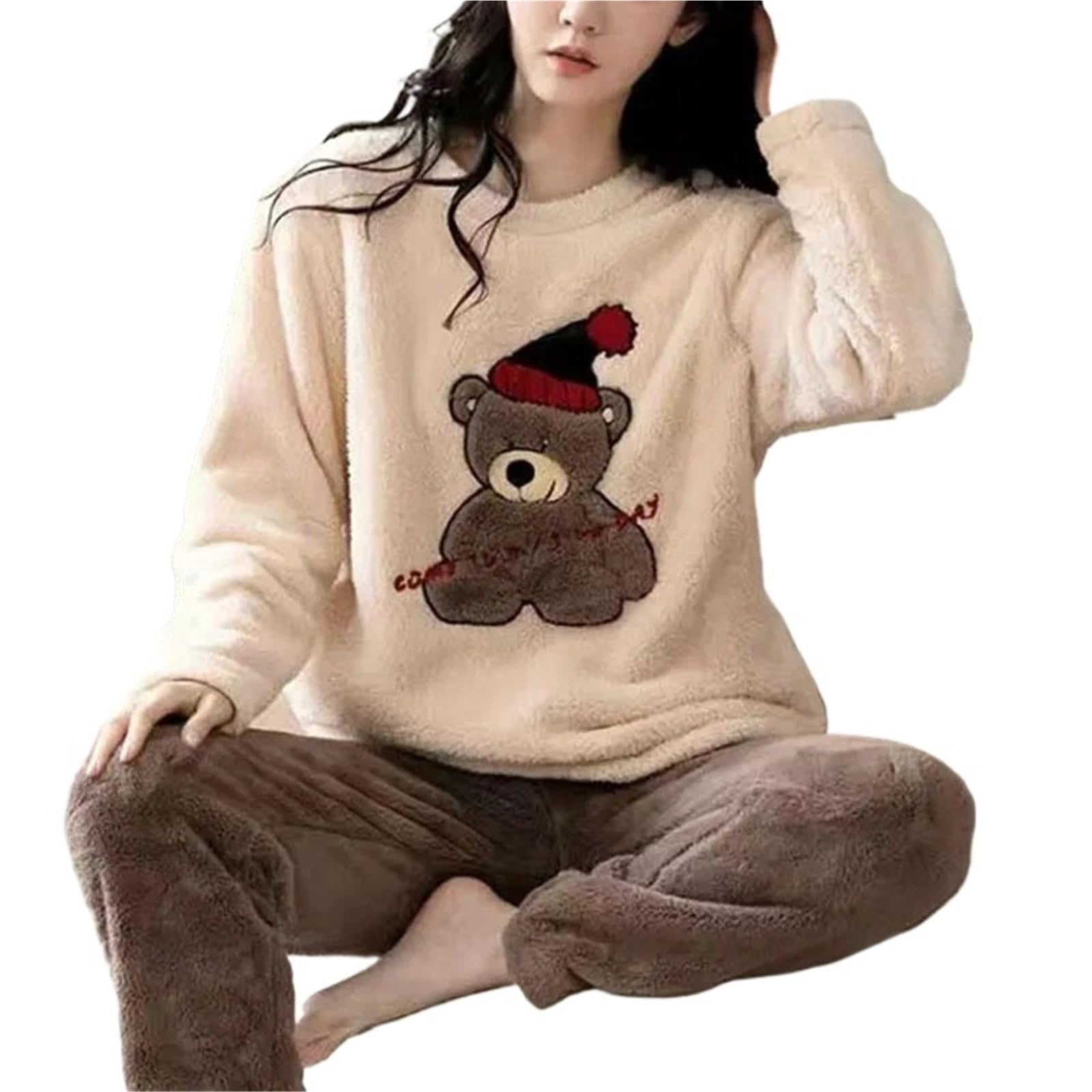 2pcs/Set Large Size Padded Thickened Warm Fall and Winter Women's Pajamas – Long-Sleeved, Long Pants Set, Coral Velvet(XL(60-70kg))