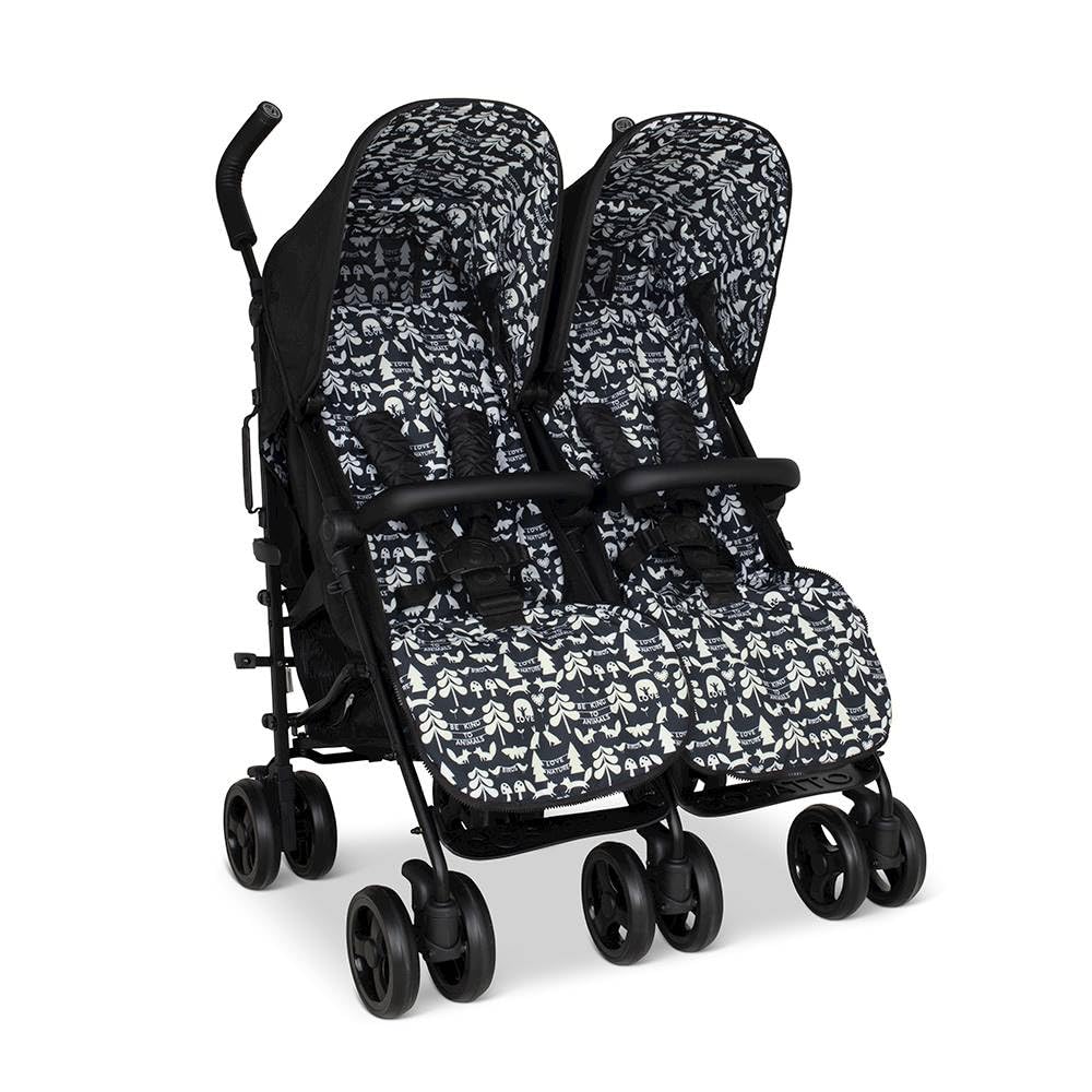 Cosatto Supa Dupa - Passeggino doppio, 0-25 kg, leggero, pieghevole, compatto, con coprigambe, portabicchieri e parapioggia (sagoma nera)