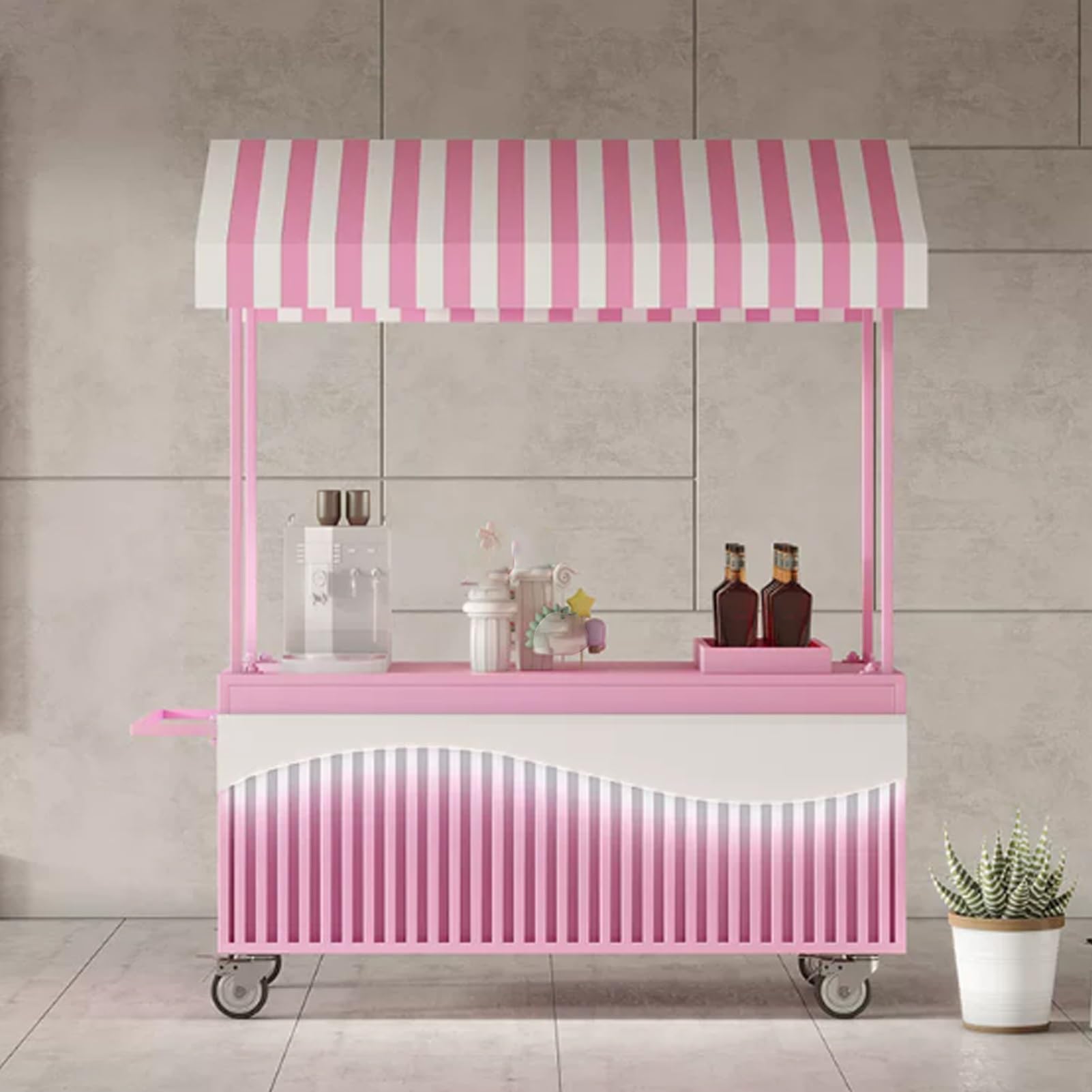 Verkaufswagen mit Sonnendach, Mobiler Food-Display-Stand mit feststellbaren Rädern, mobiler Outdoor-Verkaufswagen mit großer Tabelle & Aufbewahrungsbox(Pink,140cm/55.1in)