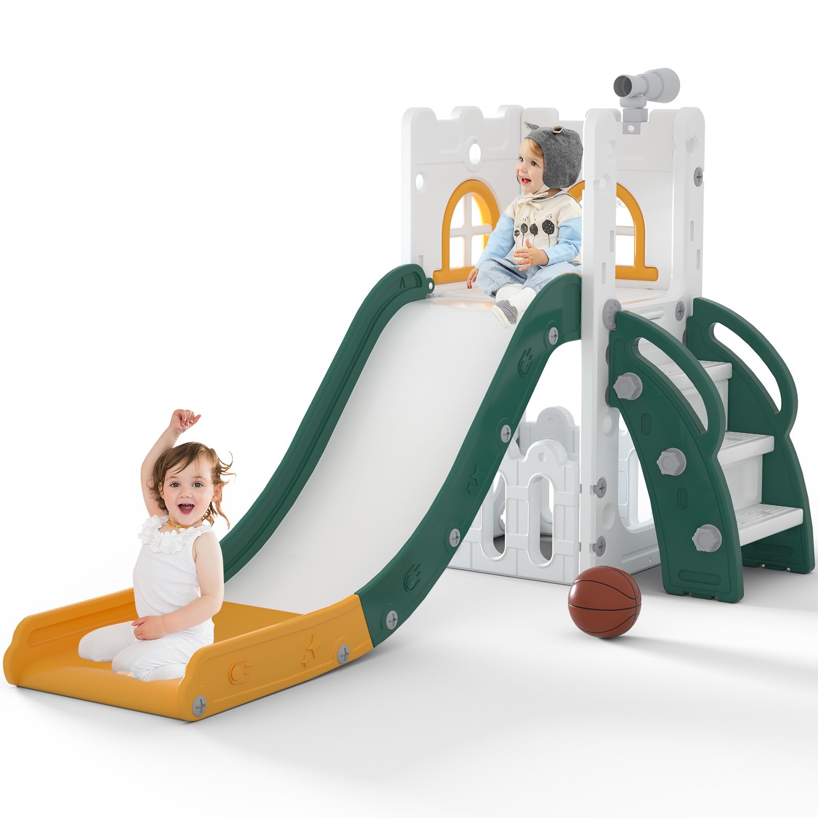 MOCUTEEN 6 in 1 Toddler Slide,Baby Playset for Indoor Outdoor Playground with Basketball Hoop,Storage and Telescope,Climbing Toys for Toddler Playground Playset