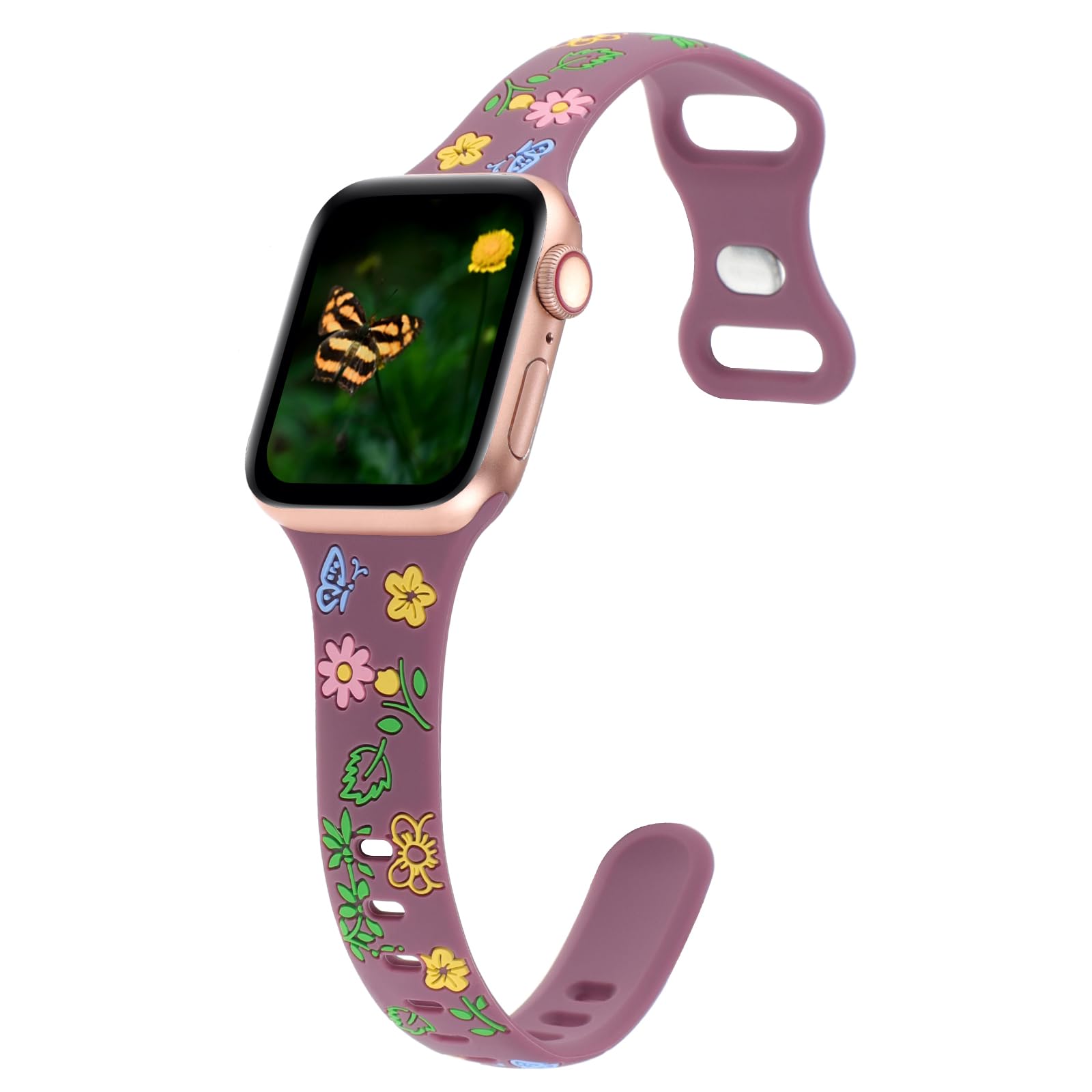 Slim Floral Engraved Band Compatible with Apple Watch Bands 41mm 40mm 38mm 42mm 44mm 45mm 46mm 49mm Women, Thin Wristband Flower Soft Silicone Sport