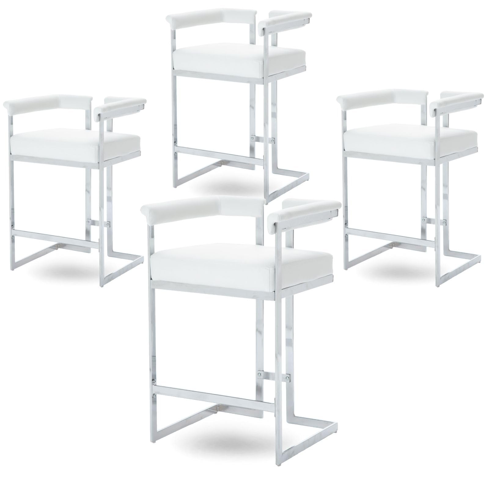 LukeAlon Faux Leather Counter Stools Set of 4, Upholstered 26" Seat Height Modern Industrial Low Barstools with Chrome Base Open Back Kitchen Island