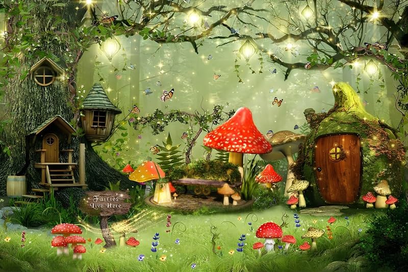 Forest Backdrop Mushroom Fantasy Fairy Tale Garden Photography Background Enchanted Wonderland Photo Background for Children Kid's Birthday Party