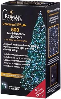 Roman Lights Superbright LED USB 500L Cool White 42 ft, Green Cord Light Set, 10 Function Controller, 8 on/16 Off Timer, String, Perfect for Lighting Trees, Railings and More