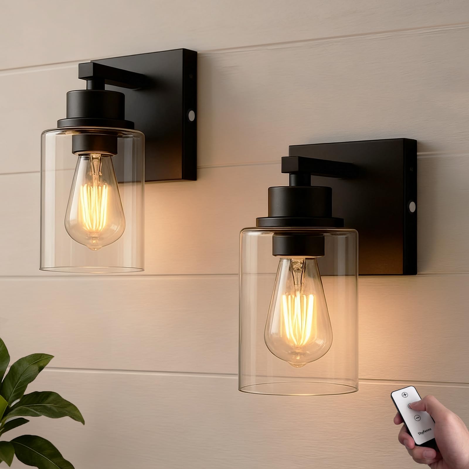 Battery Operated Wall Sconce with Remote Control, Dimmable Wall Lamp Set of Two No Wired, Rechargeable Cordless Wall Light Fixtures for Bedroom Living Room Bathroom Hallway Farmhouse, Black