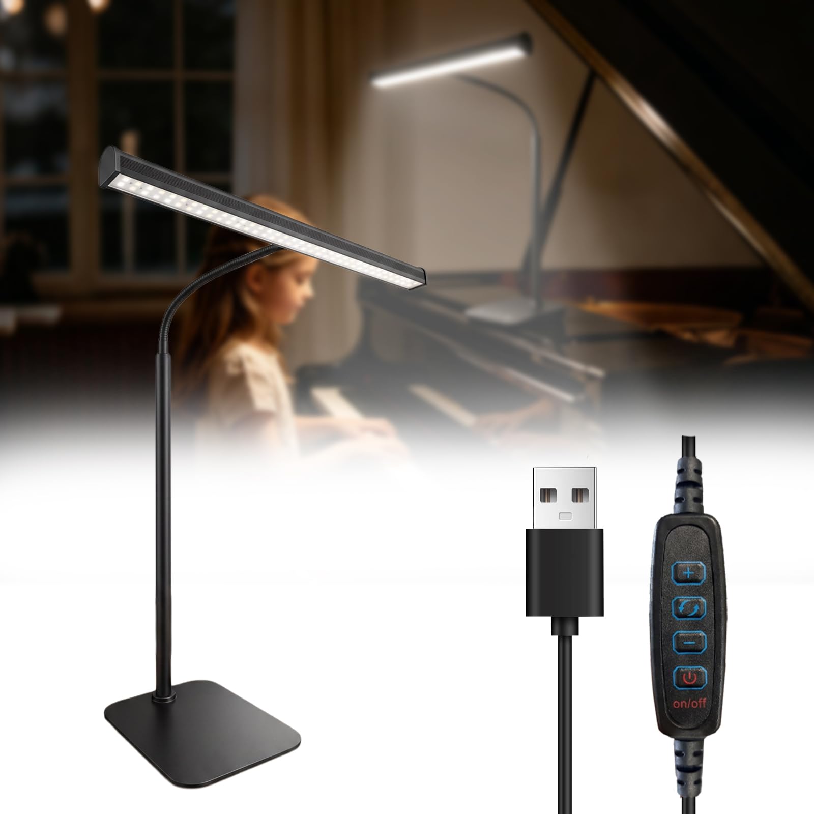 LED Klavierlampe, 3 Farbmodi, 10 Helligkeitsstufen dimmbar, USB betrieben, 360 Grad flexibler Schlauch, stabiler Metallsockel, geeignet für Klavier, Flügel, E-Piano und Schreibtisch