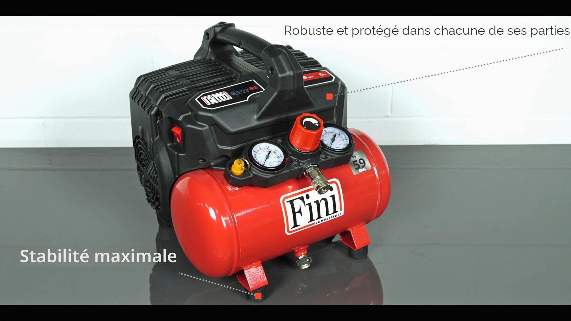 Fini Siltek S/6 Compresseur silencieux, 2 manomètres (59 db), 6 L, 1 HP, 8 bars, 750W, 230V, rouge