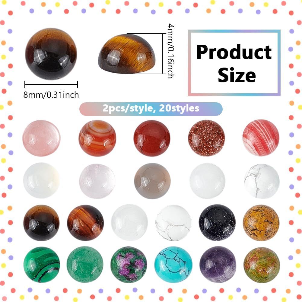 PH PandaHall 40PCS Gemstone Cabochons, 20 Styles 8mm Half Round Flatback Cabochons Quartz Crystal Tiles Cabochon No Hole Stone Gems for DIY Earring Necklace Bracelet Jewelry Making Home Decor - Image 2