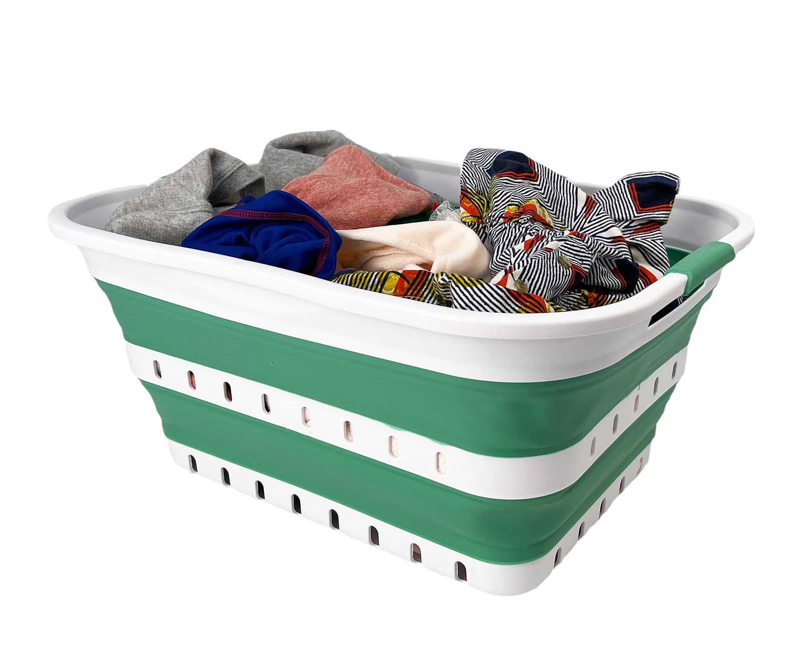 SAMMART 42L Faltbarer Wäschekorb aus Kunststoff – Faltbarer Pop-Up-Aufbewahrungsbehälter/Organizer – tragbarer Wäschekorb – platzsparender (1, White/Winter Green)