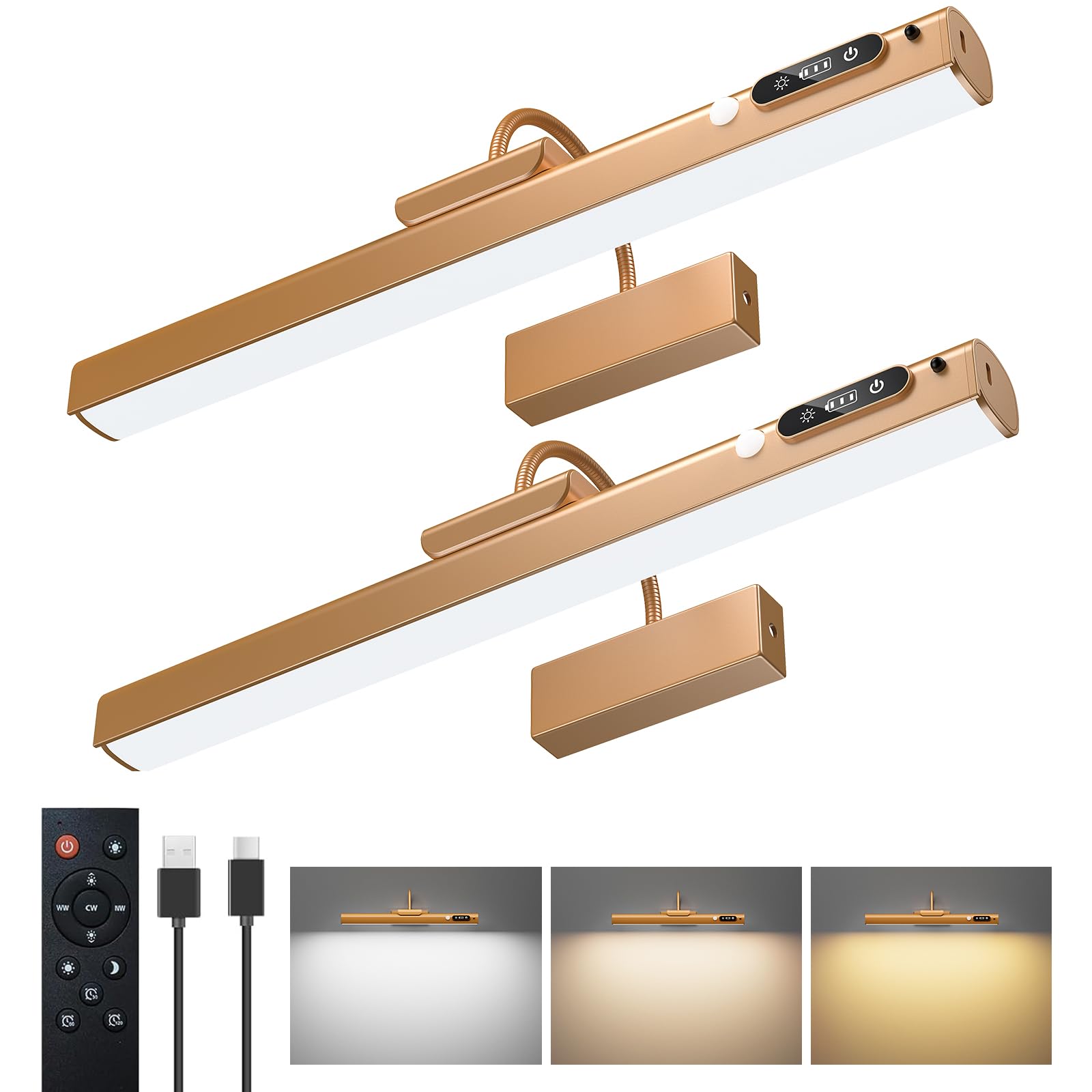 RIRIBEN 15.7'' Picture Lights for Wall with Motion Sensor & 9000mAh Rechargeable Battery, Picture Light for Paintings, Portraits & Wall Decor, Gold(2pcs)