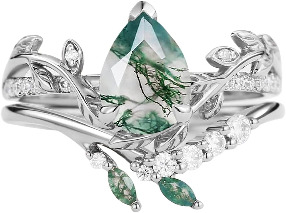 1CT/1.5CT/2CT Moss Agate Wedding Ring Set - Pear/Kite/Princess/Hexagon Cut Moss Agate Bridal Sets Wedding Rings White Yellow Rose 10K 14K 18K Gold Art Deco Anniversary Promise Ring Set