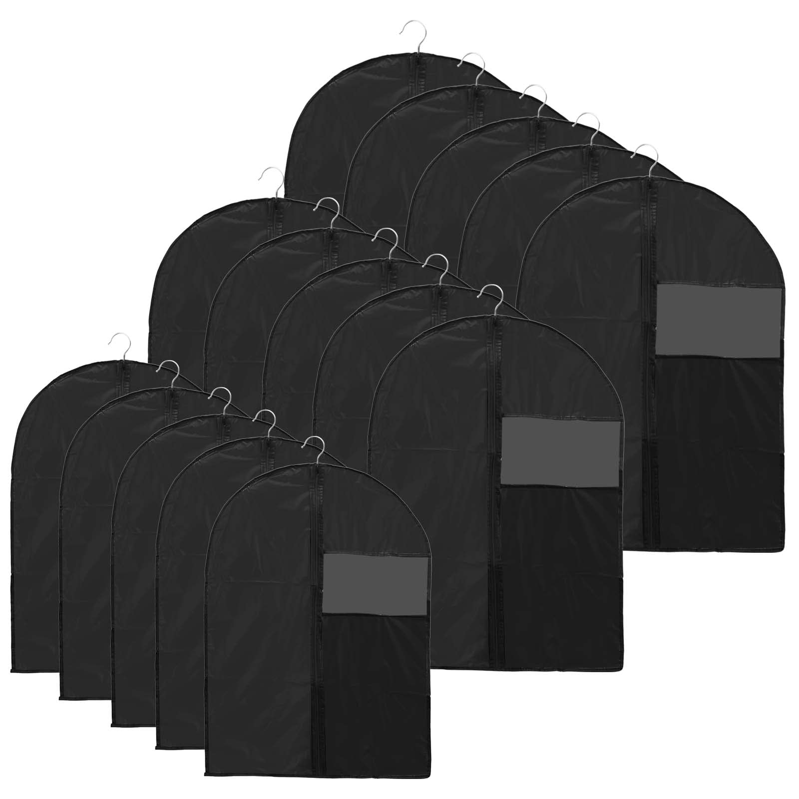 Jeuihau Black 15 Pack 3 Sizes Breathable Suit Covers Garment Bags, Clothes Covers With Clear Window, 120Cm 100Cm 80Cm Large Moth Proof Coat Bag With Zip For Suit, Jacket, Dress, Closet Storage,