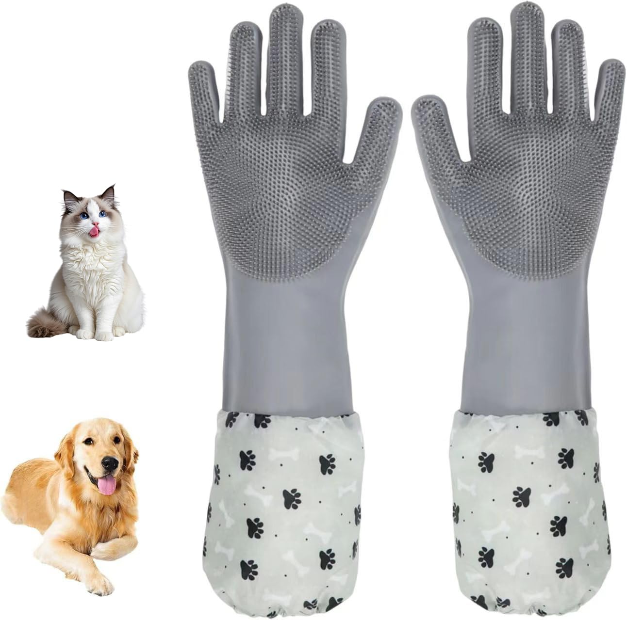 ROBATUN Dog Washing Gloves- Long Sleeved Pet Grooming Gloves - Heat Resistant Silicone Gloves with High-Density Teeth - Efficient Deshedding Glove for