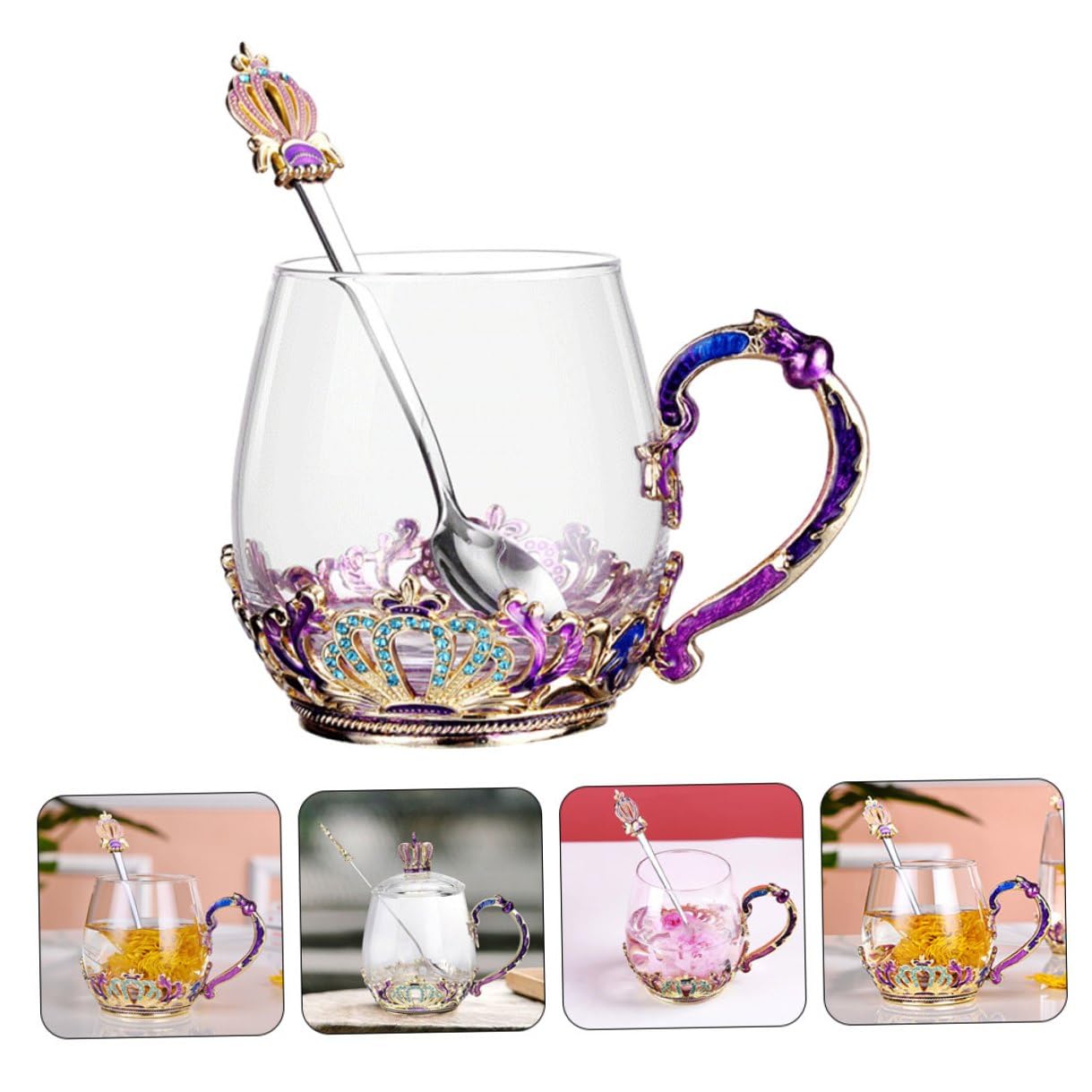 MAGICLULU Taza para Té de Vidrio con Diseño Ergonómico y Resistente al Calor, Incluye Cuchara, Estilo Único, Adecuado para Infusiones y Bebidas Calientes Color Aleatorio