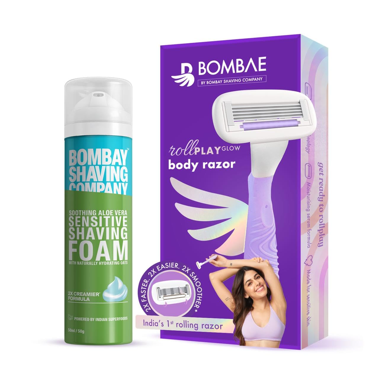 Bombae Rollplay Body Razor for Women & Shaving Foam for Women | Aloe vera and Vitamin E for 2X Smoother Skin | Arms, Legs, Underarms, Bikini