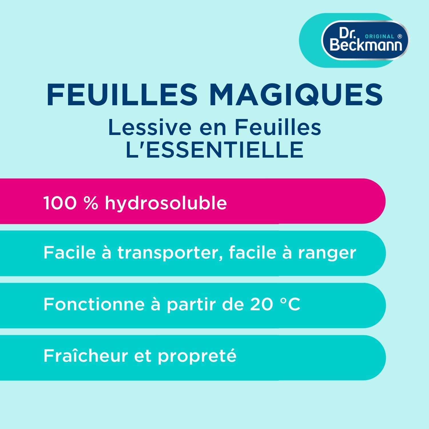 Dr. Beckmann - Feuilles Magiques Lessive L'ESSENTIELLE - Pré-dosées et Légères - 100% Hydrosoluble - 25 Feuilles Bergamote - Efficace et Pratique - Lot de 10