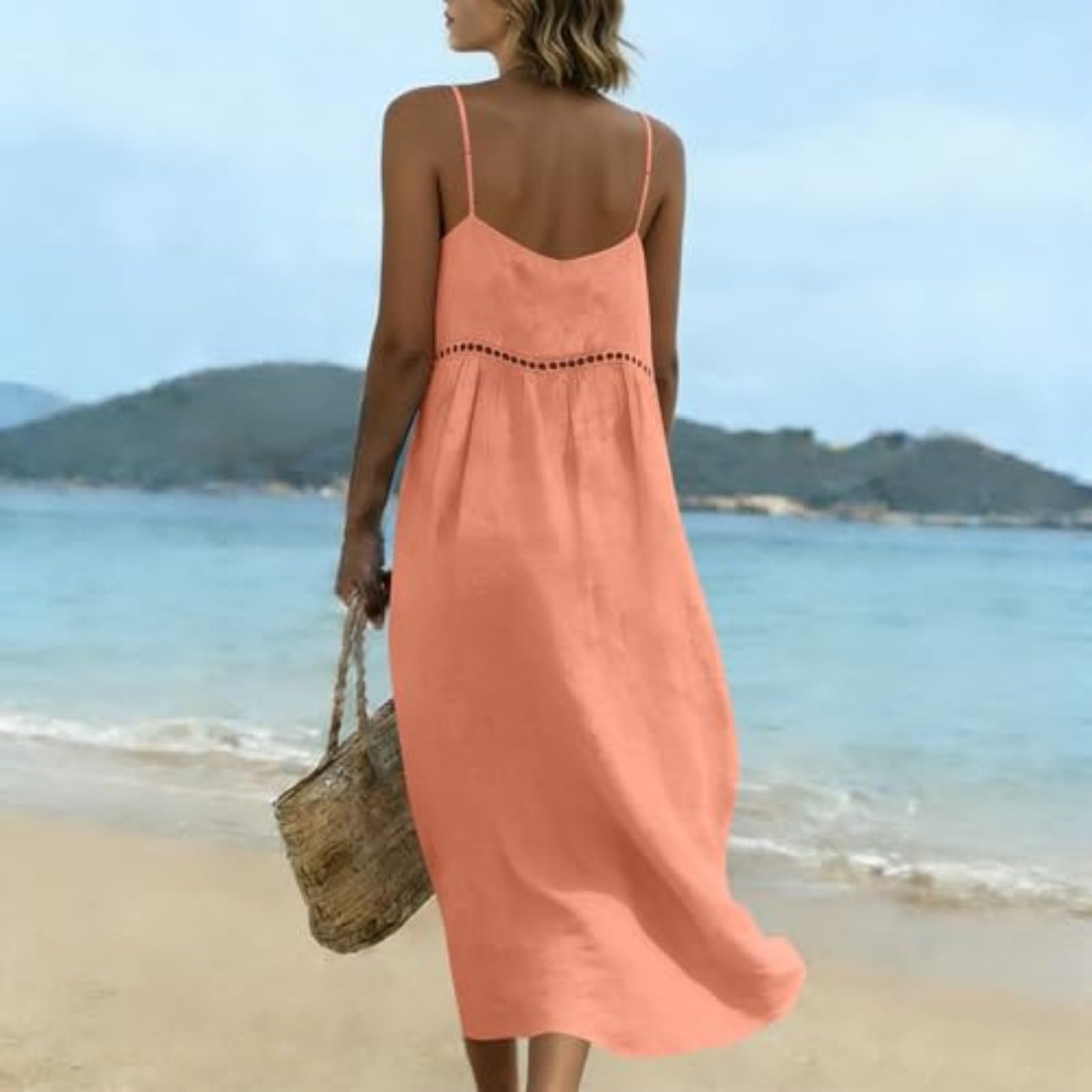 Abito estivo da donna in cotone, senza maniche, all'uncinetto, per il tempo libero, leggero e arioso, abito lungo da donna, estivo, stile boho, con scollo a V, spalline sottili