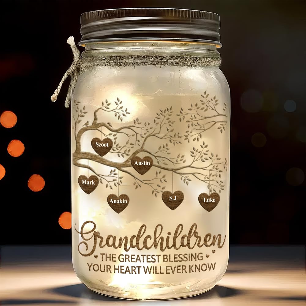 Wrappiness Personalized Mason Jar Light for Grandma - Custom Grandkids Names Gift on Mothers Day for Grandma, Nana Birthday Gift from Grandchildren, Family Tree Light Best Grandma Ever (A01)
