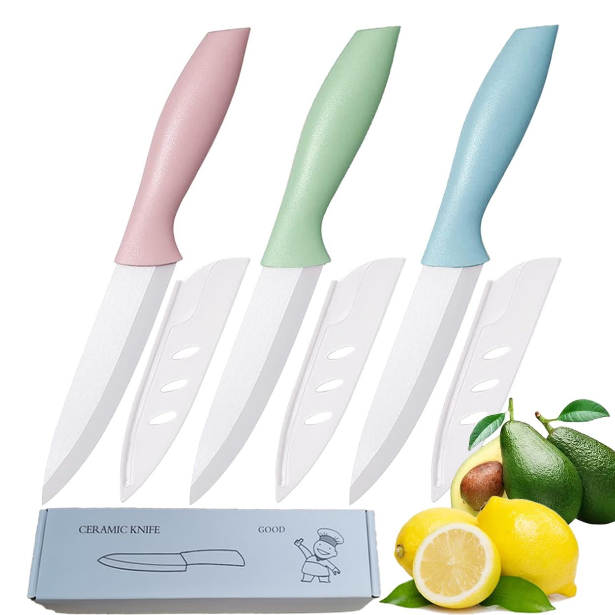 3 PCS Colorful Knivies Set, 4 Inch Ceramic knife 3 PCS Knives with Zirconia Blade and Sheath Covers,use for meat fruit vegetable and bread (green blue and pink)