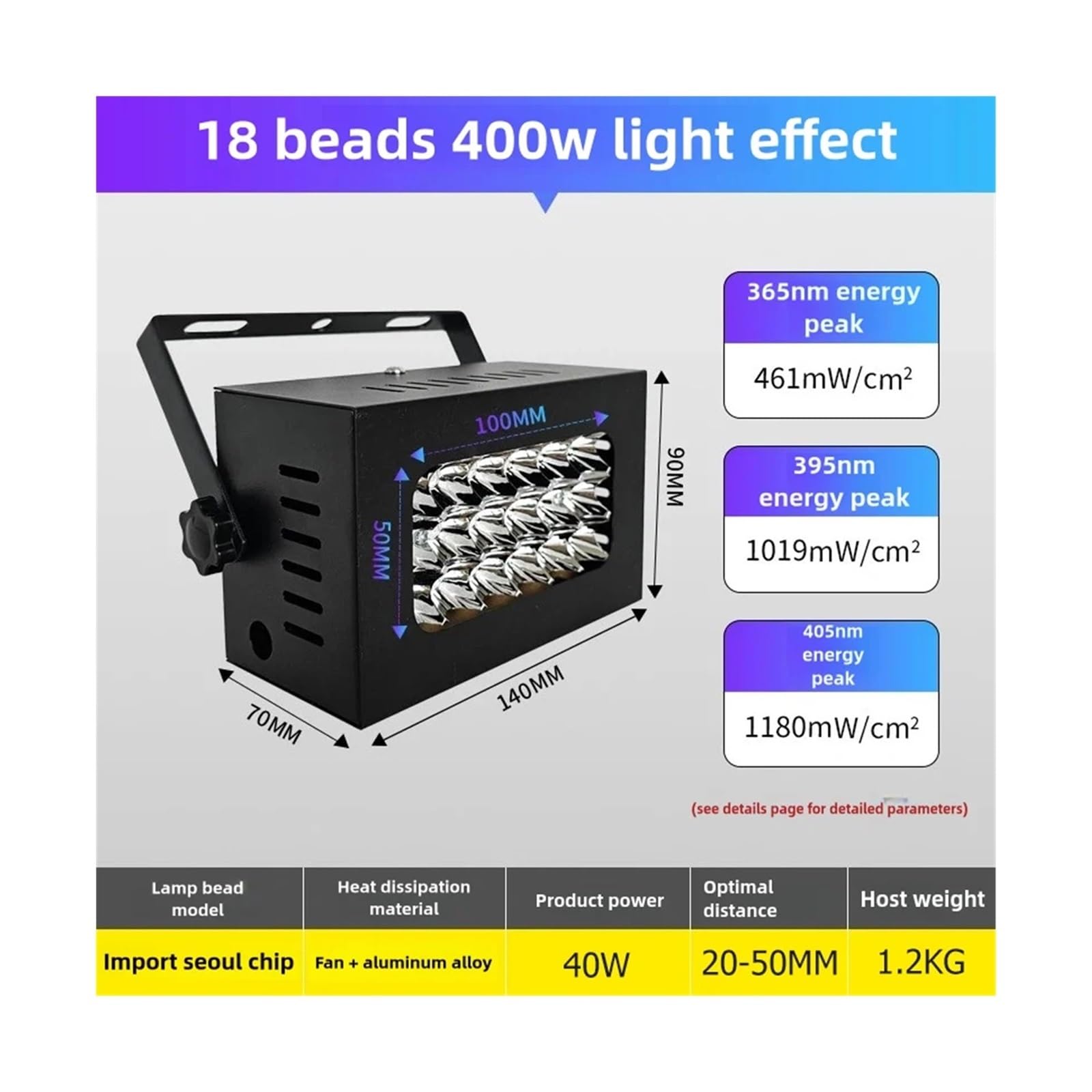lámpara de curado UV, Lámpara De Curado UV Refrigerada Por Aire, Foco LED Portátil Alta Intensidad For Tinta Adhesiva Resina, Aceite Verde, 365nm, 395nm, 405nm(405nm,18 beads 400W)