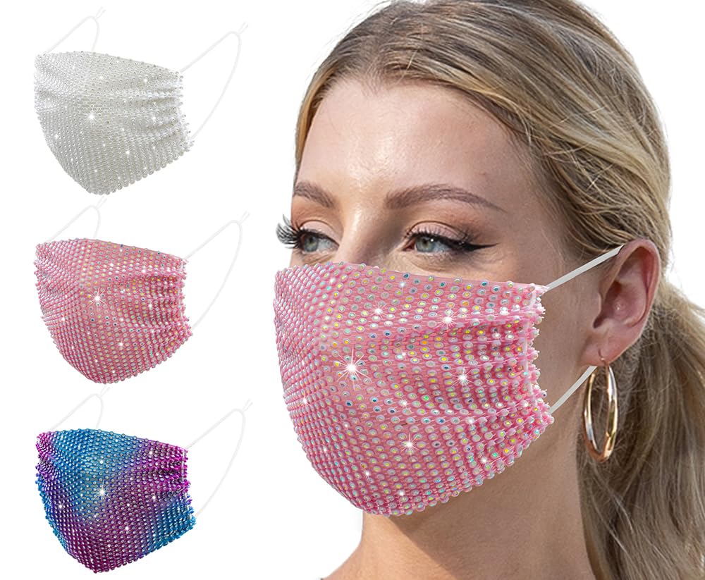 Auriviz 3 Pcs Multi Color Womens Glitter Crystal Shine Masks Music Festival Supplies Halloween Sparkling Cute Clothing Accessories 2026 Breathable Mesh Nightclub Decorations for Adult Women
