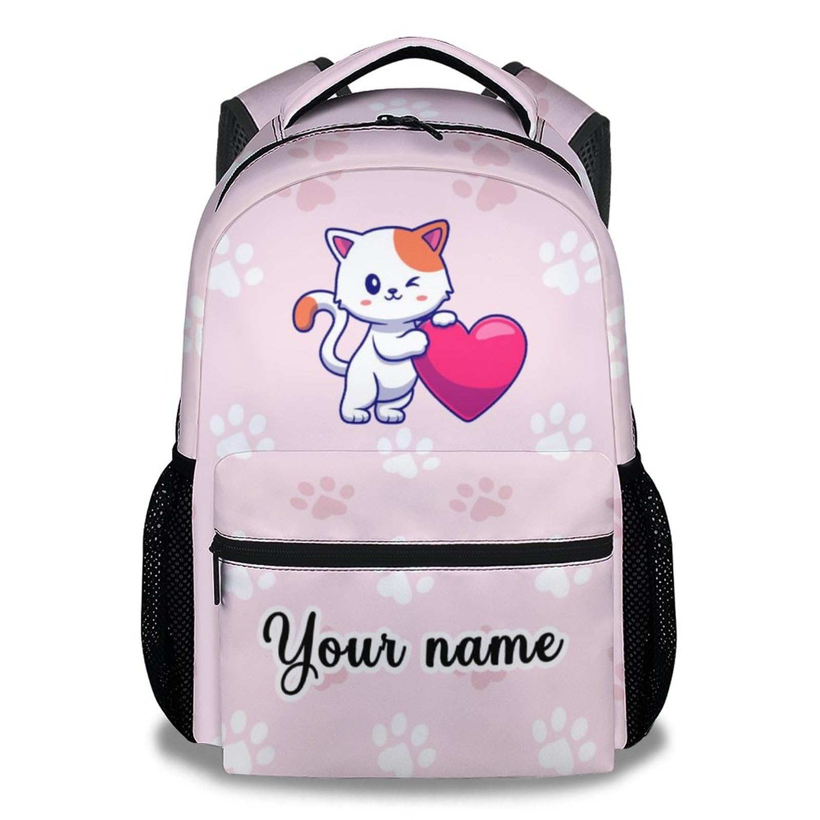 CUNEXTTIME Custom Cat Backpack for Girls Boys, 16 Inch Pink Backpacks for School, Cute Lightweight Durable Bookbag for Kids