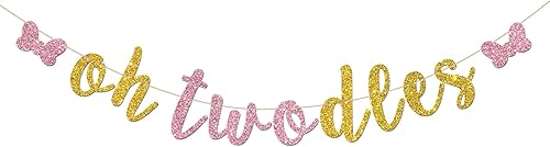 Cartel de Oh Twodles – Decoración de fiesta de feliz segundo cumpleaños para niñas – tema de ratón de dibujos animados, suministros de decoración de