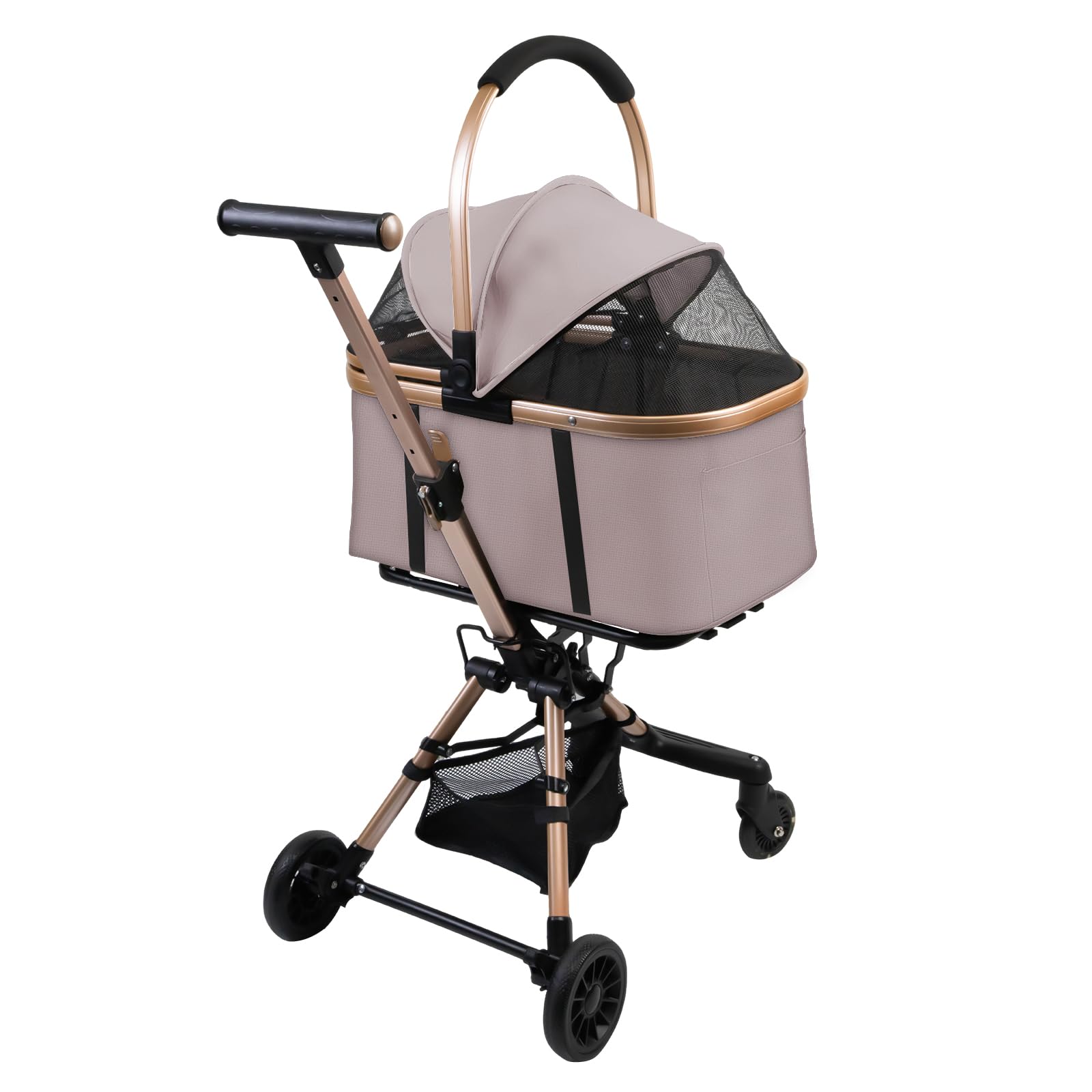 Poussette 3-en-1 Pliable pour Chien et Chat, avec Panier de Rangement, Rose | Avec Panier Détachable et Sac de Transport | 4 Roues 360° avec Laisse de Sécurité | Charge jusqu‘à 20 kg | 92x56x33cm