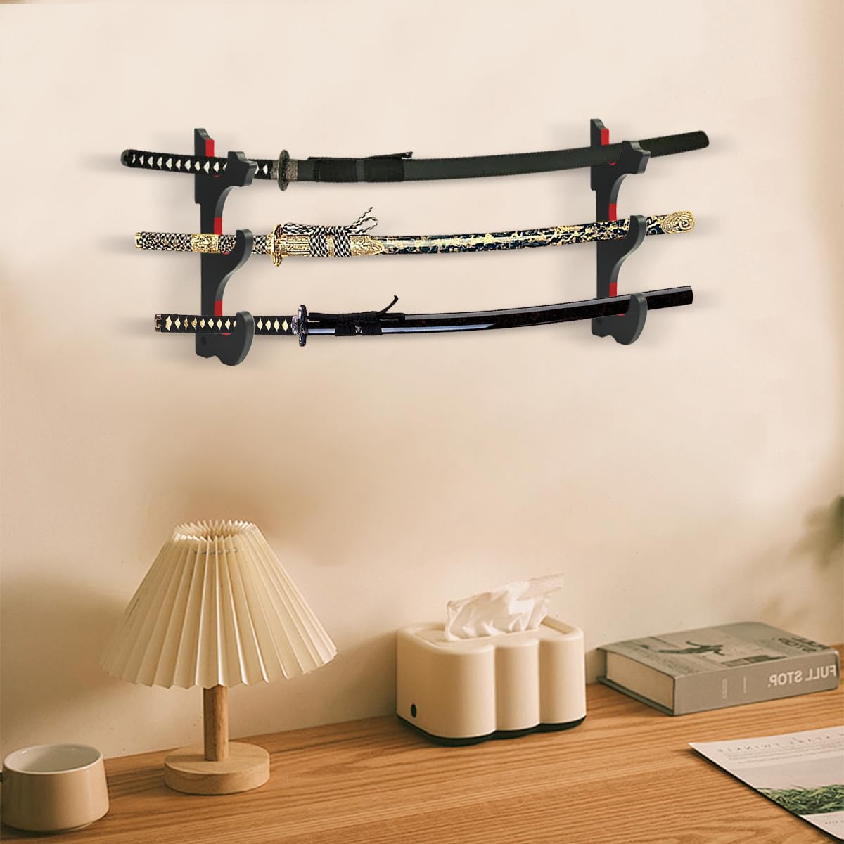 Soporte de pared para Katana de 3 niveles, madera, Marrón