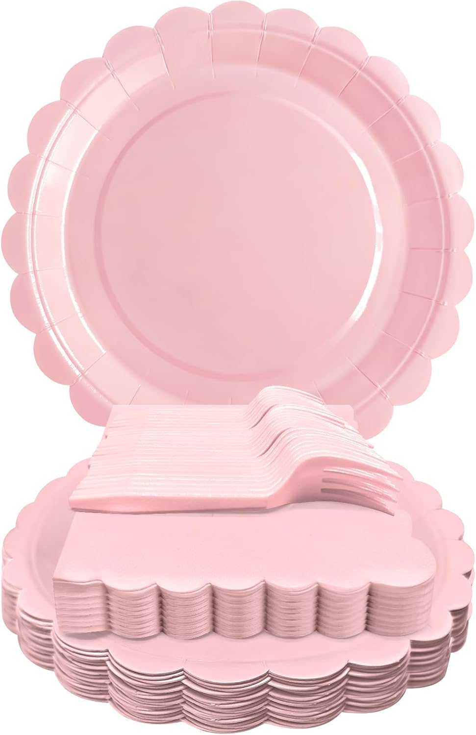 Pink Paper Plates and Napkins,7 Inch Pink Scalloped Disposable Dessert Plates Paper Napkin Fork Party Supplies for Mothers Day Wedding Baby Shower Birthday(25 Guest) Pink 7