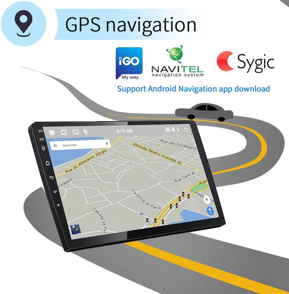 Car stereo screen displaying a GPS navigation map with route information and navigation app logos like iGO, Navitel, and Sygic.