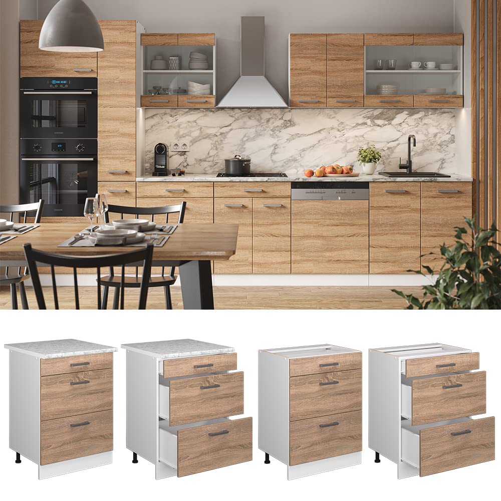 Vicco Mueble bajo de Cocina R-Line, Sonoma, 60 cm | con cajones, sin encimera, para combinación libre dentro de sistemas de cocina modulares