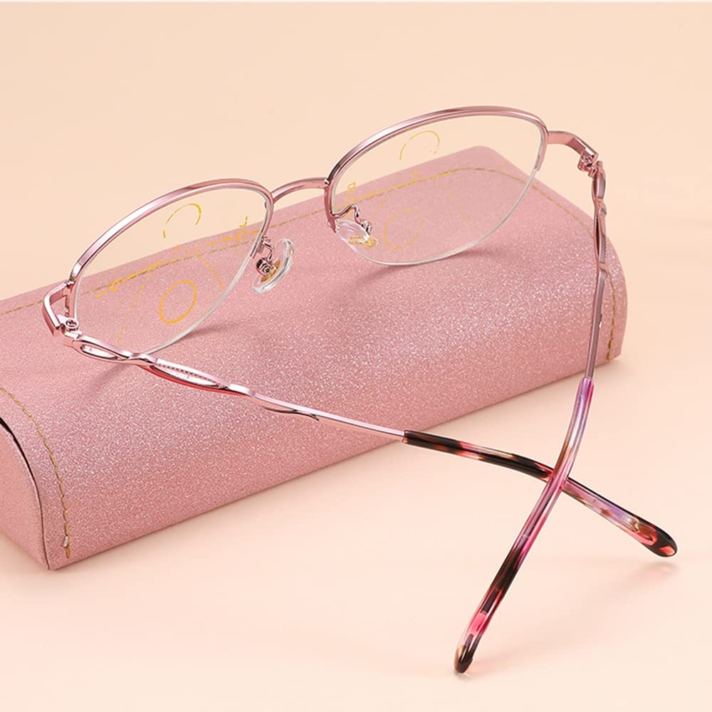 FREAZE +3.0 Rot Halber Rahmen Brille Lesehilfe Mode Damen Lesebrillen Gleitsichtbrille Mit Federscharnier Metallrahmen(Kratzfest) (Color : Pink, Size : +2.5)